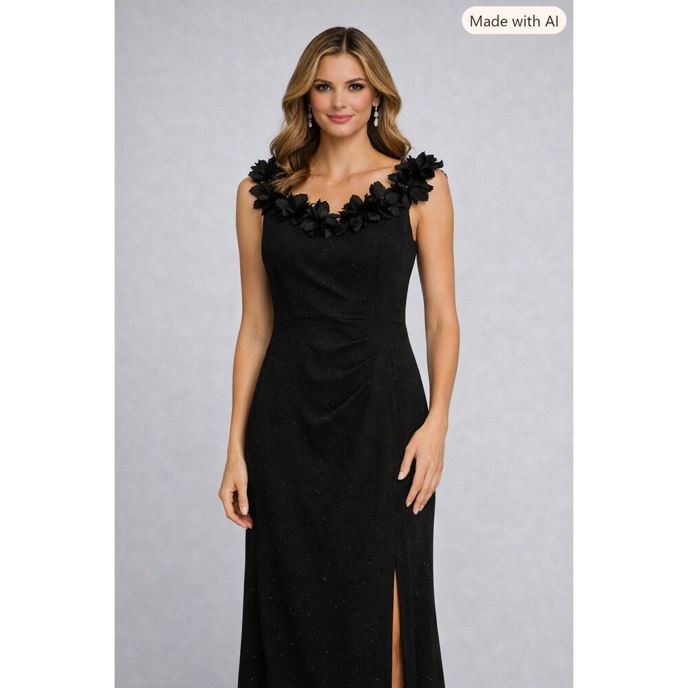 VFSHOW Womens Black Glitter Floral Applique Formal Maxi Gown Dress Size L